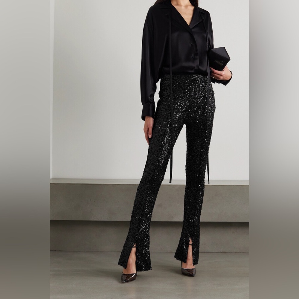 NWT Norma Kamali Sequined Stretch-jersey Flared Leggings - Black, Sz S